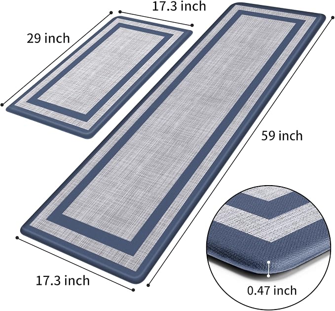 Mattitude Kitchen Mats Set of 2 Cushioned Rugs 0.47 inch Thick Anti-Fatigue Mats for Kitchen Floor,Waterproof Non-Slip Mats and Rugs Set for Office,Floor,Laundry 17.3"×29"+17.3"×59",Blue