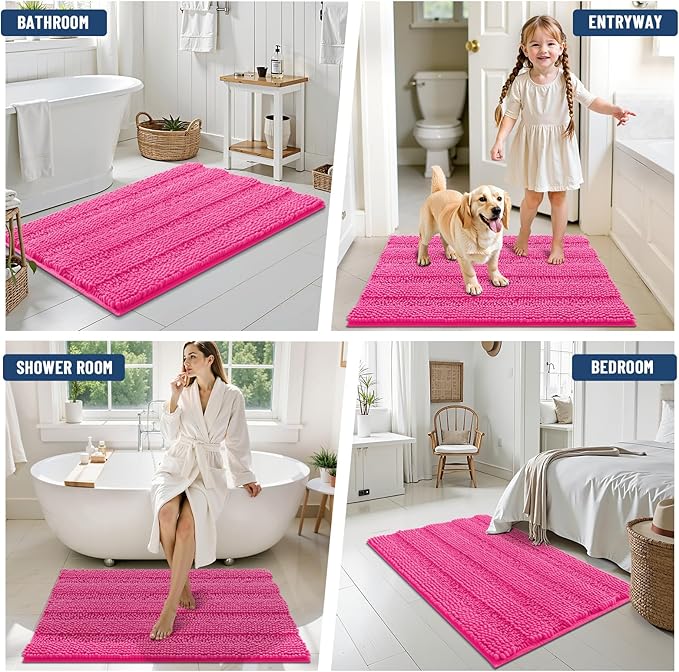 Grandaily Chenille Striped Bathroom Rugs 24x16, Extra Thick and Absorbent Bath Mats, Non-Slip Soft Plush Shaggy Shower Carpet, Machine Wash Dry, Bath Rug for Bathroom, (Small, Deep Pink)