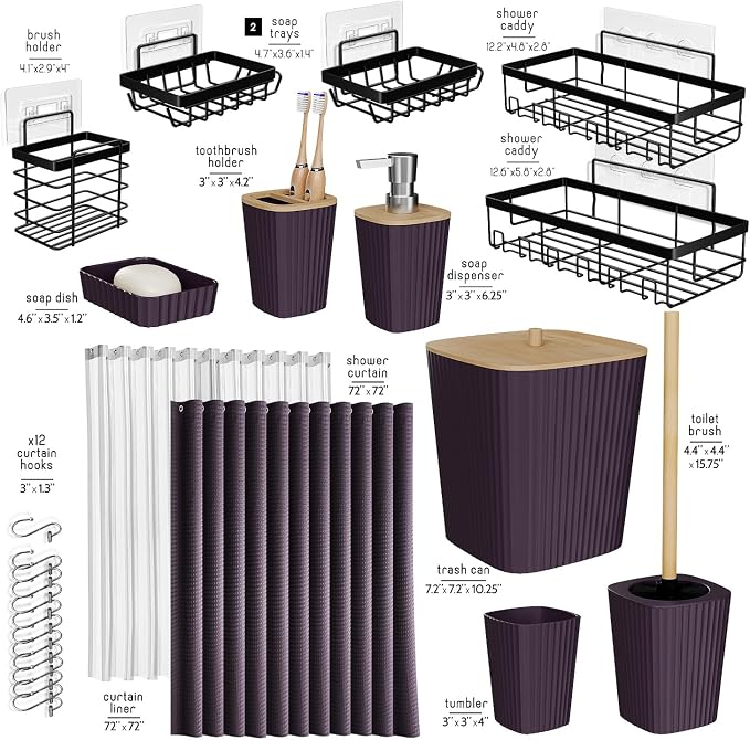 Clara Clark Bathroom Accessories Set - Bathroom Set with Adhesive Corner Shower Caddy Hanging, 25PC Bathroom Accessory Set, Purple Shower Curtain Set, Toilet Brush, Trash Can & Soap Dispenser