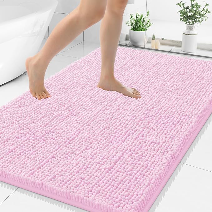 Smiry Luxury Chenille Bathroom Rugs 40x32, Extra Soft and Absorbent Shaggy Bath Mat, Machine Washable, Non-Slip Plush Carpet Runner for Tub, Shower, and Floor, Home Decor Accessories, Pink