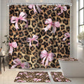 4 PCS Leopard Print Bow Shower Curtain Set 72Wx72H,Toilet Lid Cover,Non-Slip Rugs and U-Shaped Mat,Girly Pink Cheetah Bathroom Sets with Rugs Shower Accessories 12 Hooks for Bathroom Decor