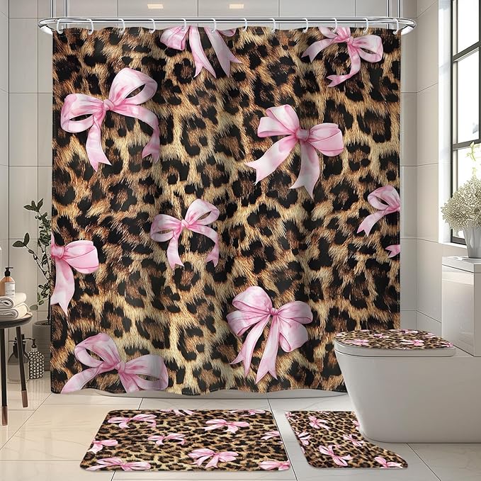 4 PCS Leopard Print Bow Shower Curtain Set 72Wx72H,Toilet Lid Cover,Non-Slip Rugs and U-Shaped Mat,Girly Pink Cheetah Bathroom Sets with Rugs Shower Accessories 12 Hooks for Bathroom Decor