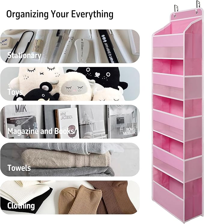 TYMENSH Pink Over Door Organizer with 5 Large Clear Pockets and 6 Side Mesh Pockets, Anti-Tilt Hanging Door Storage for Nursery, Bedroom, Bathroom, Closet, Toys, Baby Essentials