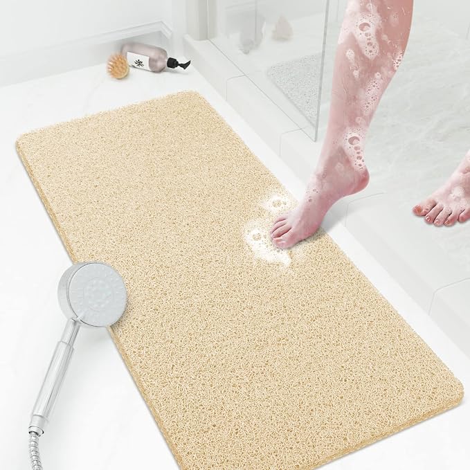 Shower Mat Bathtub Mat Non-Slip,36x16 inch, Soft Tub Mat with Drain,PVC Loofah Bath Mat (Phthalate Free) for Tub and Bathroom,Quick Drying,Khaki