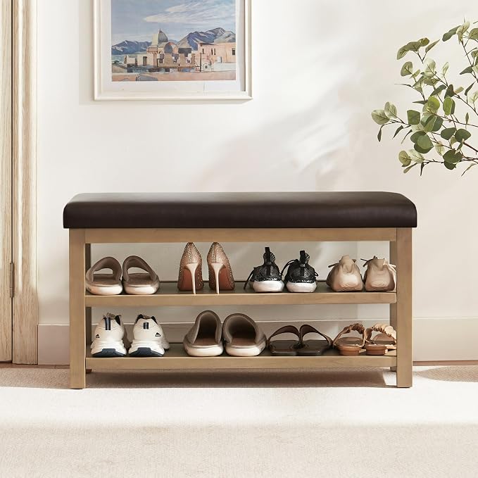 Zihanhome Shoe Rack Bench with Leather Cushion, 2 Tier Solid Wood Storage Bench, Mid-Century Modern Shoe Bench for Entryway, Hallway, Closet, Front Door Entrance, Foyer (Dark Brown, 39.4")