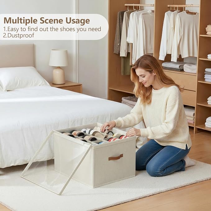 Shoe Organizer for Closet, 2 Pack Shoe Storage Bins Foldable Shoe Storage Box Containers with Clear Cover and Sturdy Handles, Shoe Rack for Closet Storage for Sneakers Heels Slippers, Fit 12-24 Pairs