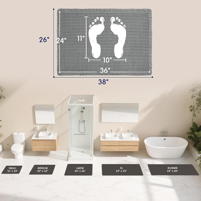SUBRTEX Waffle Braided Bath Mat, 24" x 36" Soft Waffle Bath Rugs, Absorbent Non Slip Bathrooom Mats, Machine Washable Area Rug for Bathroom, Quick Dry, Gray