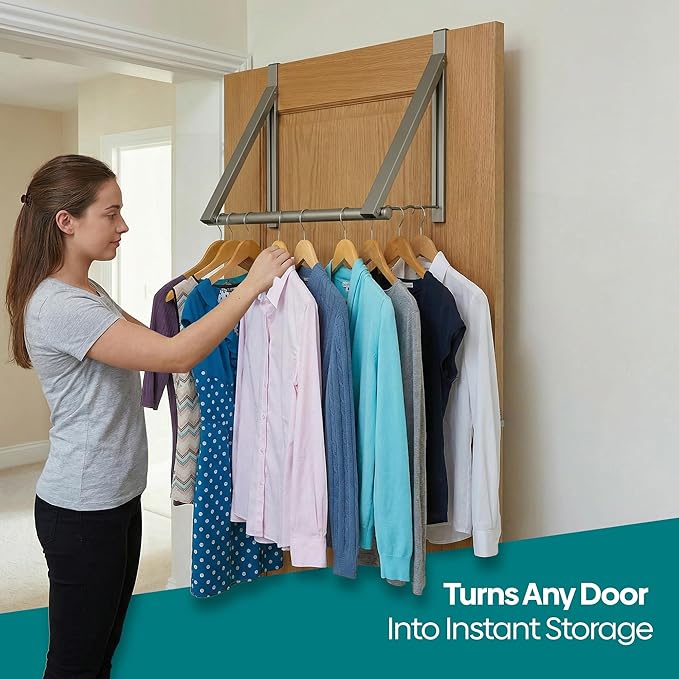 HOLDN’ STORAGE Over The Door Hanger - Foldable Rack Organizer for Hanging Clothes, Coats & Towels, Ideal for Dorm Rooms, Laundry, Bathrooms, Etc - Holds up to 35 LBs, Collapsible - Satin Nickel