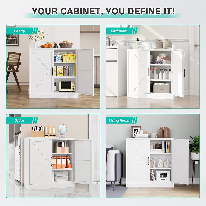 Metal Storage Cabinet with Doors & Adjustable Shelves, 36" Tall Farmhouse Pantry Cabinet, Small Sideboard for Kitchen, Dining, Living & Laundry Room, White