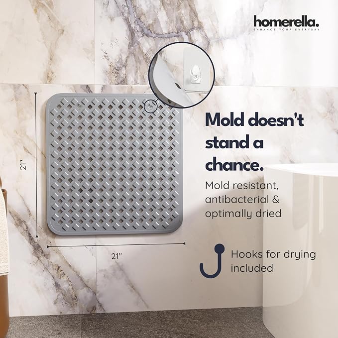 homerella® Shower Mat Non Slip Anti Mold, Non Slip Shower Mats for Inside Shower Stall Anti Slip Mat, Square Shower Floor Mat 21 x 21 in with Suction Cups & Hooks for Quick Drying, Machine Washable