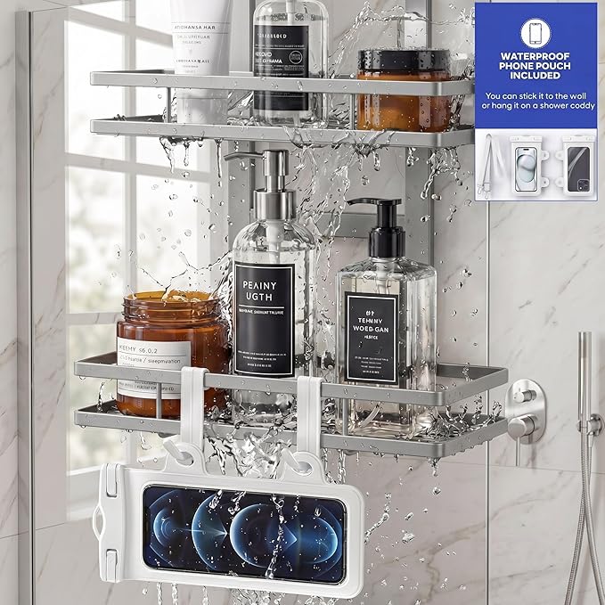 Over the Door Shower Caddy Hanging, Rustproof Shower Shelves with Waterproof Phone Pouch, 2-Tier Adjustable Bathroom Organizers and Storage, No Drilling Shampoo Soap Shelf (Silver 2-Tier)