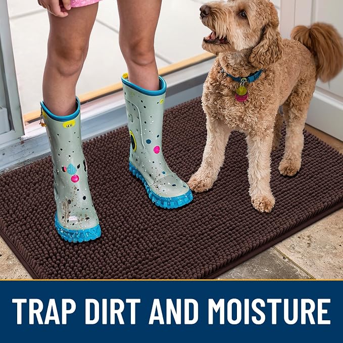 Smiry Dog Door Mat for Muddy Paws 45x27, Absorbent Dirt Trapper, Non-Slip Washable Chenille Entryway Rug for Inside Floor, Brown, Classic Solid