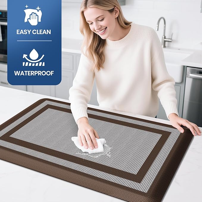 KitchenClouds [2 PCS Kitchen Rugs Cushioned Anti-Fatigue Kitchen Mats for Floor Waterproof Kitchen Rug Set Non-Slip Comfort Standing Mat for Office, Sink, Laundry 20"×30"+20"×60",Chocolate