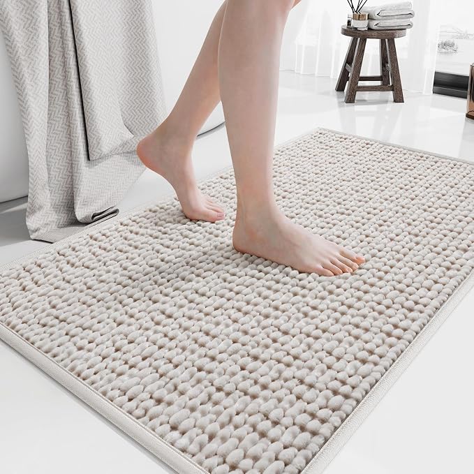 20x32 Extra Soft Chenille Bathroom Rugs - Non Slip Quick Dry Absorbent & Washable Bath Mat, Thin Low Profile Fit Under Door, Shower Mat for Outside Shower - Beige