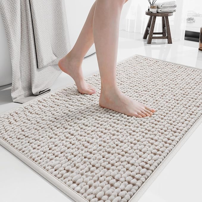 24x36 Extra Soft Chenille Bathroom Rugs - Non Slip Quick Dry Absorbent & Washable Bath Mat, Thin Low Profile Fit Under Door, Shower Mat for Outside Shower Beige