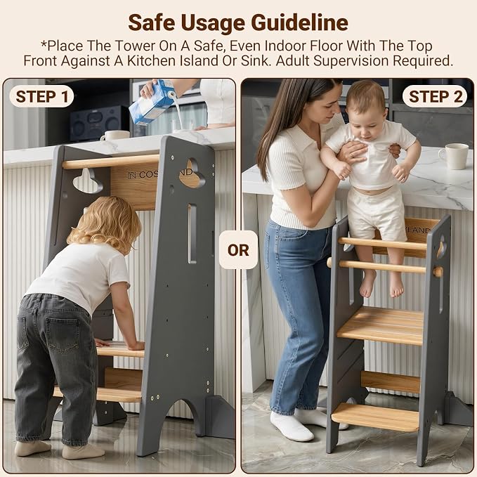 COSYLAND Adjustable Toddler Standing Tower (NO Backing Board) - Stable Toddler Step Stool with 4 Stabilizing Blocks - 3 Levels Height Adjustable Kids Kitchen Stool Helper (Natural & Light Gray)
