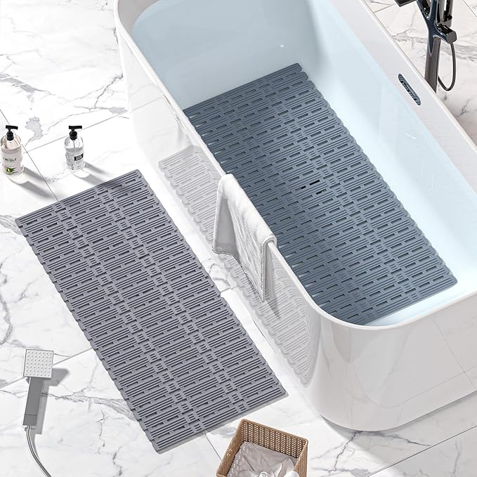 XIYUNTE Rubber Bath Mat for Tub Non Slip, 36 x 16 inches Bathtub Mat Non Slip Shower Mats for Inside Shower, Safety Anti Slip Shower Mat with Suction Cups, Easy to Cut Bath Tub Mat, Ink Gray