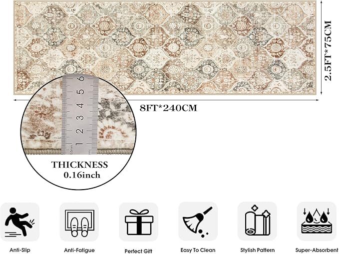 Lahome Moroccan Hallway Rug, 2'5''x8' Kitchen Runner Rugs Non Skid Washable Runners for Hallways, Ultra-Thin Oriental Carpet for Entryway Laundry Room Bedroom Bathroom Elise, Khaki