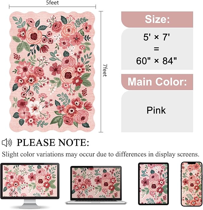 DUKINO 5x7 Area Rug, Floral Washable Rugs for Living Room with Non Slip Backing & Non-Shedding, Lightwight Low Pile Boho Design Large Carpets for Bedroom, Living Room, Dining Room, Pink