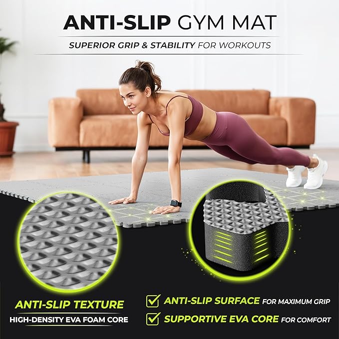bemaxx Gym Mats Set - 18 pcs EVA Interlocking Foam Floor Tiles (12.6"x12.6"x0.4") 18sqft Protective Gym Flooring Sports Home Workout Exercise Mats Puzzle Garage Fitness Play-Room Pool Treadmill Bike