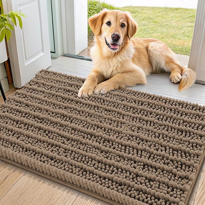 Smiry Dog Door Mat for Muddy Paws 32x21, Absorbent Dirt Trapper, Non-Slip Washable Chenille Entryway Rug for Inside Floor, Camel, Layered Pattern