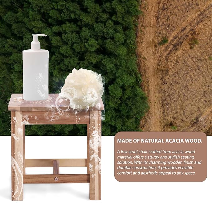 VICTORY RELAX 12 Inch Wooden Light Natural Step Stool, Small Nature Beach Chair Under Desk, Indoor Acacia Wood Short Footstool for Living Room, Kitchen, Bathroom
