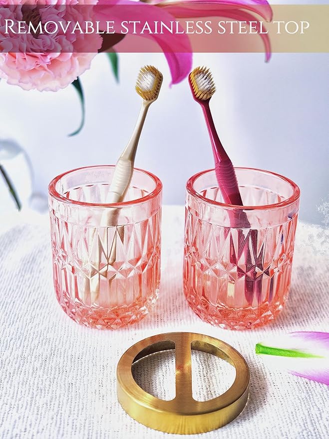 LaMarriti 5pcs Pink Bathroom Accessory Set, Clear Glass Bathroom Set, Soap Dispenser and Toothbrush Holder Set, Soap Dish, Tumbler, Qtips Holder for Crystal Modern Bathroom Decor, Set