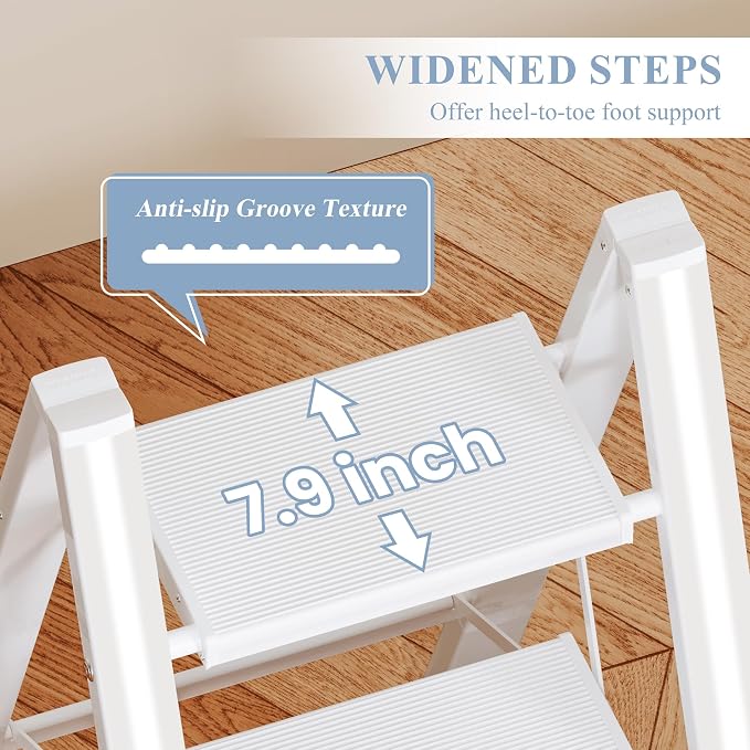 2 Step Ladder, Folding Step Stool with Wider Pedal, Anti-Slip Feet & Non Slip Stripes, Aluminum Sturdy Material, 300Lbs Capacity, Elegant Look of Modern White Better Matches Your Home