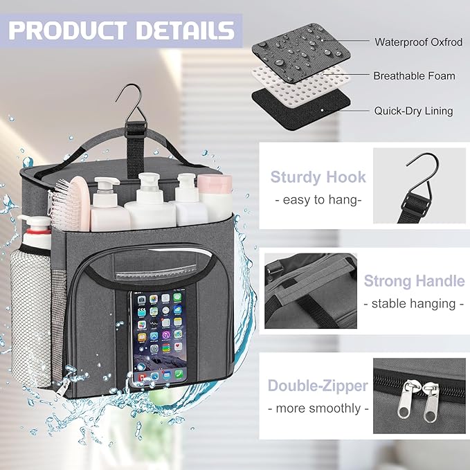 Attmu Shower Caddy Portable, Hanging Shower Bag for Dorm Room College, Large Capacity Quick Dry Mesh Tote Bag for Travel Camping Essentials (Gray)