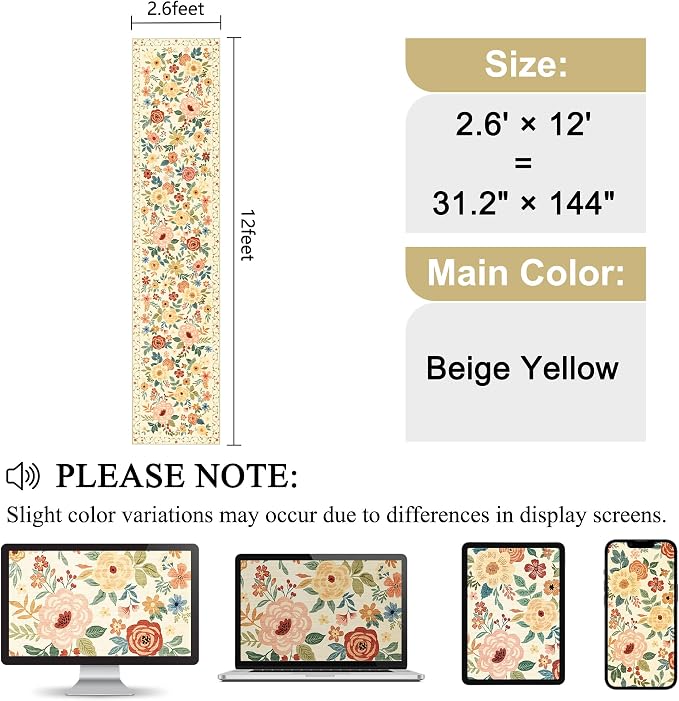 DUKINO 2.6x12 Kitchen Runner Rug, Lightweight Floral Washable Rug for Hallway, Boho Low Pile & Non Slip Backing Soft Floor Carpet for Entryway, Bedroom, Bathroom, Laundry, Beige Yellow