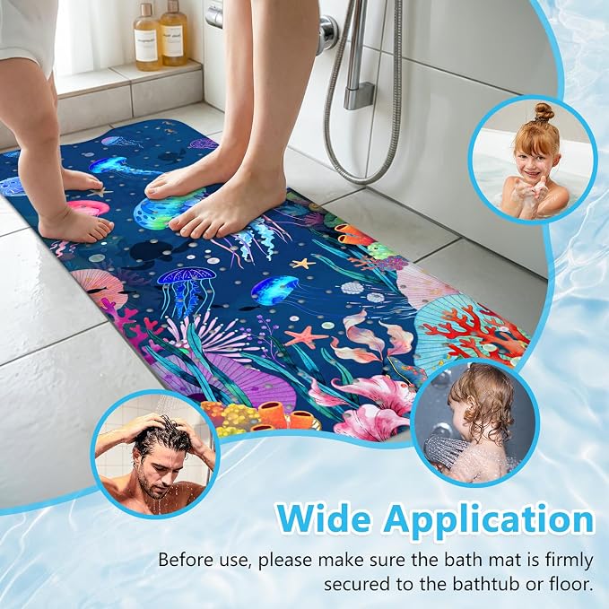 Baby Bath Mat for Tub Non Slip – 40"x16" Extra Long Cartoon Bathtub Mats for Kids Non Slip Shower Mat, Machine Washable, Sea Tub Mats with Suction Cups and Drain Holes for Toddler & Kids (Jellyfish)