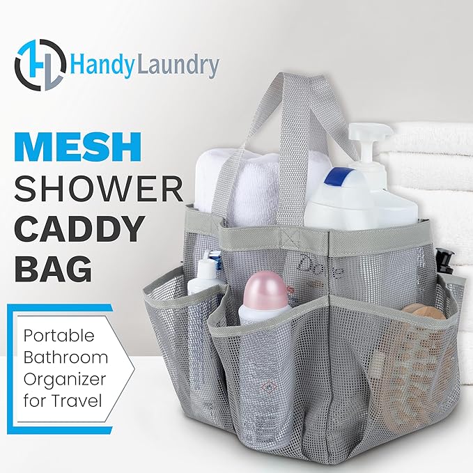 Handy Laundry Mesh Shower Caddy – 7 Pocket Portable Organizer Tote for College Dorm, Gym, Travel & Bathroom – Quick Dry, Collapsible, Lightweight Shower Bag with Handle (Gray)