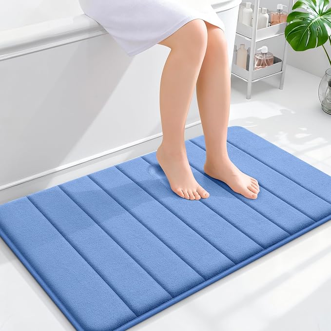 OLANLY Memory Foam Bath Mat 35x24, Super Soft Absorbent Bathroom Rugs, Quick Dry, Machine Washable Shower Floor Rugs, Bathmat Carpet, Bathroom Home Decor Accessories, Cornflower Blue