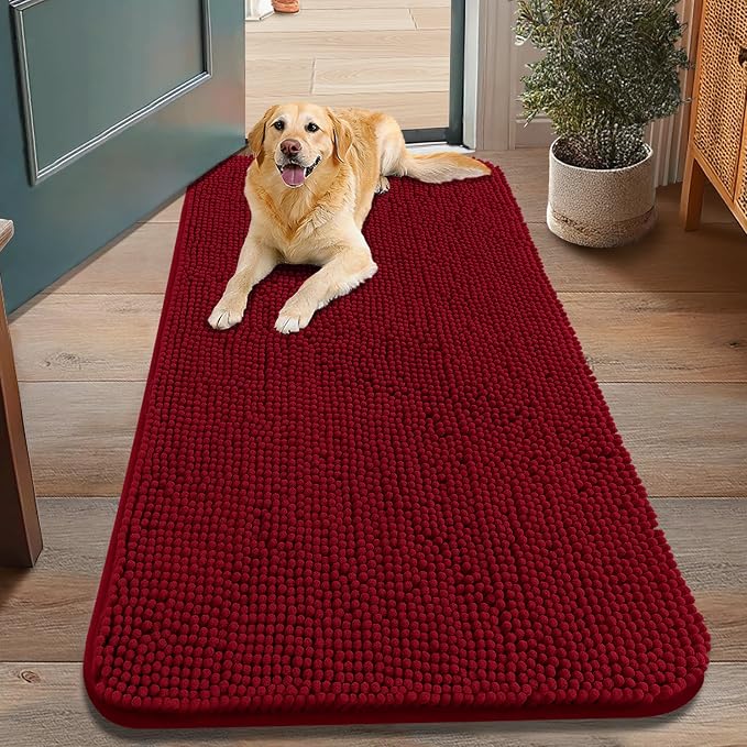 Smiry Dog Door Mat for Muddy Paws 48x30, Absorbent Dirt Trapper, Non-Slip Washable Chenille Entryway Rug for Inside Floor, Red, Classic Solid