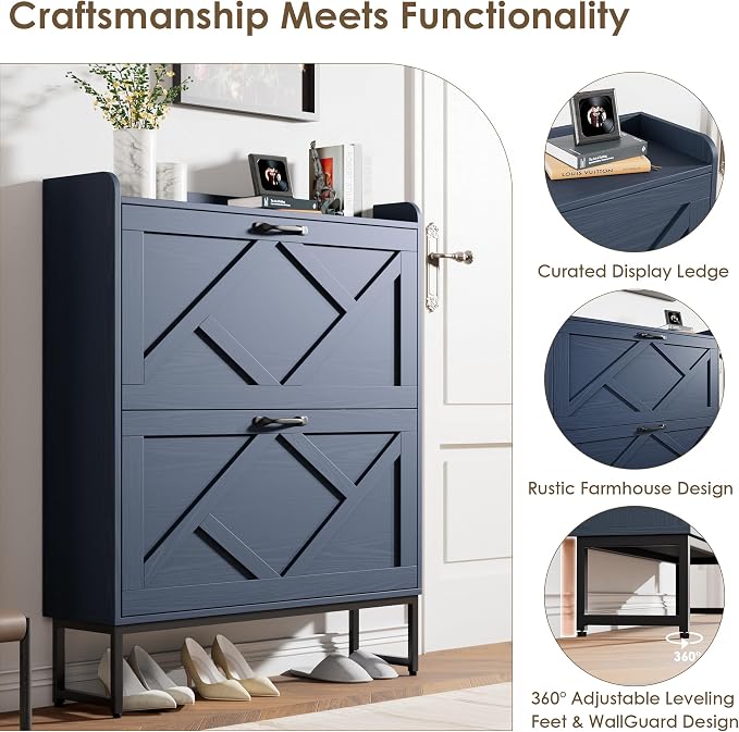 Nicetree Shoe Storage Cabinet, Shoe Cabinet with 2 Flip Drawers, Narrow Shoe Rack Cabinet, Farmhouse Slim Shoe Cabinet Storage for Entryway,Blue