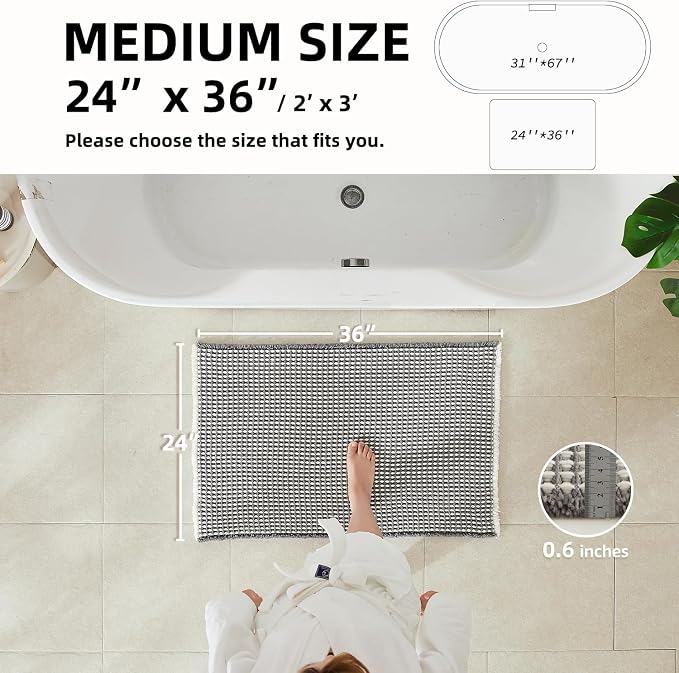 TYUU Waffle Bath Mat, Boho Bathroom Rugs Non Slip Washable Super Absorbent Quick Dry Bath Mat Farmhouse Bathroom Decor, 36"x24" Grey and White