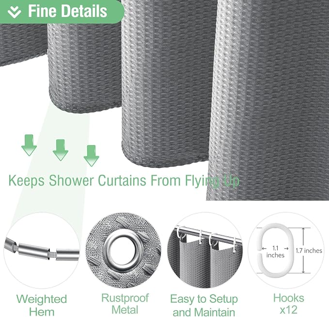 Dynamene Extra Long Fabric Shower Curtain - Waffle Weave 90 Inches Long Heavy Duty Cloth Shower Curtains for Bathroom, 256GSM Tall Hotel Luxury Bath Curtain Set with 12 Plastic Hooks,Grey/Gray