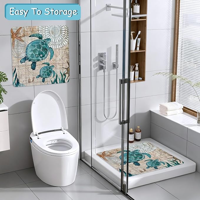 Sea Turtle Square Anti Slip Shower Mats for Inside Shower Accessories, Cute Bath Mats for Bathroom Non Slip Shower Floor Mat Decor Rubber Bathmat With Suction and Drain Holes Machine Washable, 21″X21″