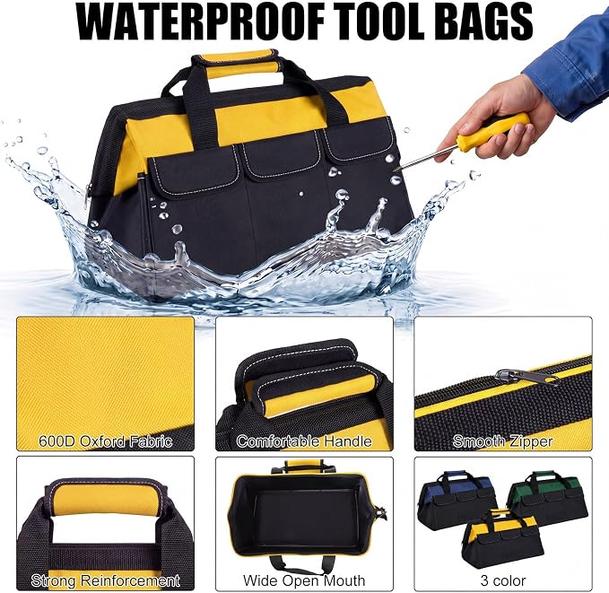 Sanwuta 3 Pack Tool Bag for Men with Waterproof Hard Bottom, Heavy Duty Tool Bag Wide Mouth Tote for Various Instrument, Electrician Carpenter Mechanic(Blue, Army Green, Yellow,16 Inch,Side Pockets)