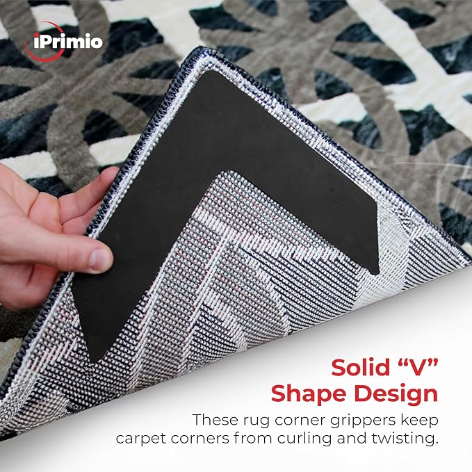 NeverCurl 4-Pack V Shape Rug Corner Grippers - Rug Gripper for Hardwood Floors and Outdoor Surfaces - Stops Curling Corners - Safe Carpet Tape Alternative - Works on Rug Corners Indoors