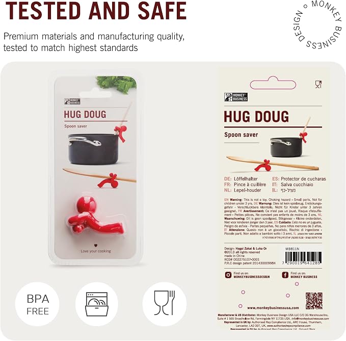 Hug Doug Spoon Saver | Spoon Holder and Lid Lifter Stopping The Spoon from Falling in | Silicone Spoon Rest | Stove Spoon Holder | Cool Kitchen Gadgets & Cute Kitchen Accessories | by Monkey Business