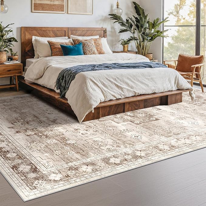 Beige Boho Rug for Living Room 8x12 - Washable Dining Room Rugs for Under Table, Vintage Low Pile Carpet for Bedroom, Non-Slip Farmhouse Large Thin Carpet for High Traffic Area (8x12 Beige/Latte)