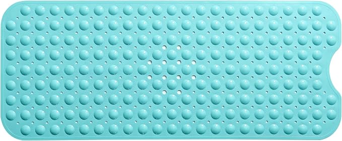 Extra-Long Non-Slip Bathtub & Shower Mat 39”x16” (Smooth/Non-Textured Tubs Only) Safe, Clean, Machine-Washable, Superior Grip&Drainage, Vinyl, Opaque Turquoise/Green-Blue