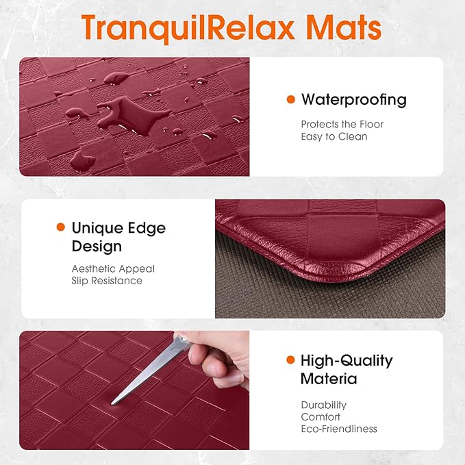 TranquilRelax 2-Piece Anti-Fatigue Kitchen Mats, Cushioned Non-Slip Waterproof Sink & Stove Floor Mats, Comfortable Standing Rug Set for Kitchen, Laundry & Entryway, Red