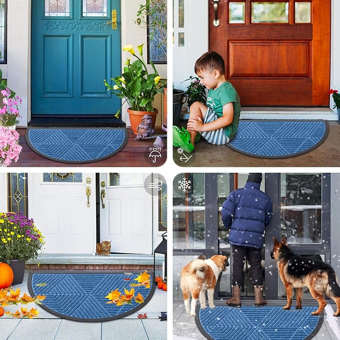 Smiry Half Circle Front Door Mat Outside Entrance, Heavy Duty Sturdy Natural Rubber Doormat, Trap Dirt and Moisture, Low Profile Mats for Indoor Outdoor Entry, Irregular Triangle (29.5x17, Blue)