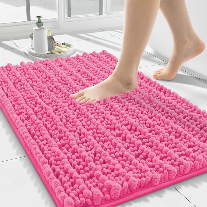 Smiry Bathroom Rugs Mat 24x16, Extra Soft Absorbent Chenille Bath Rugs, Non Slip Rubber Backing Machine Washable Quick Dry Bath Mats for Bathroom Floor, Tub, Shower, Home Decor Accessories, Hot Pink