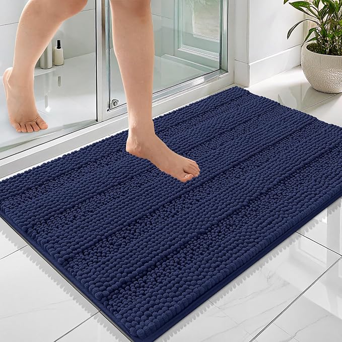OLANLY Thick Bathroom Rugs 36x24, Extra Absorbent Chenille Striped Bath Rugs, Rubber Backing, Machine Wash Dry, Bath Mats for Bathroom Floor, Tub and Shower, Home Decor Accessories, Twilight Sapphire
