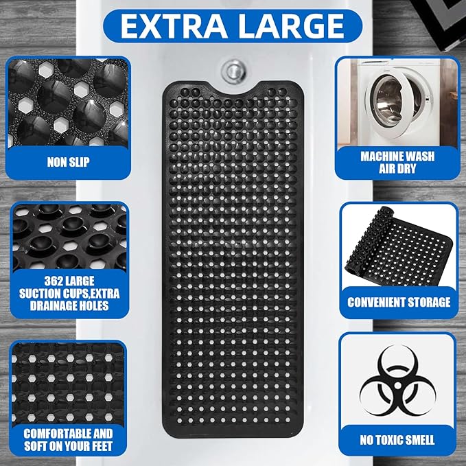 ZHICHENG Bath Tub and Shower Mats, Non-Slip 39 x 16 Inch Extra Long Bath Mat, Machine Washable Bathtub Mat with Drain Holes, Suction Cups for Bathroom (Black)