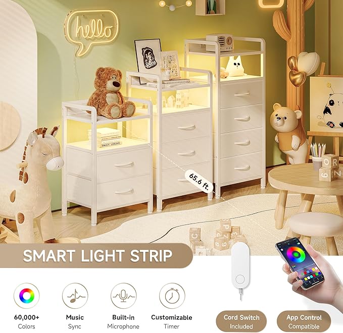 Lazzanto Night Stand Bedside Table Bedroom - White Nightstand with Charging Station & LED Light Strip, Morden Bed Side End Table with Storage Shelf & 2 Fabric Drawers, U-S-B Ports & AC Outlets