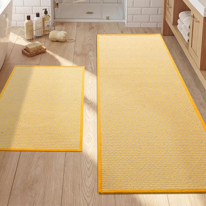YIHOUSE Thin Bath Mat Yellow Bathroom Rugs Sets 2 Pieces, Non Slip Absorbent Mats Quick Dry, Woven Rugs Washable, Tapetes para Baño for Bathroom Toilet,Bathtub(17"x24"+17"x47")